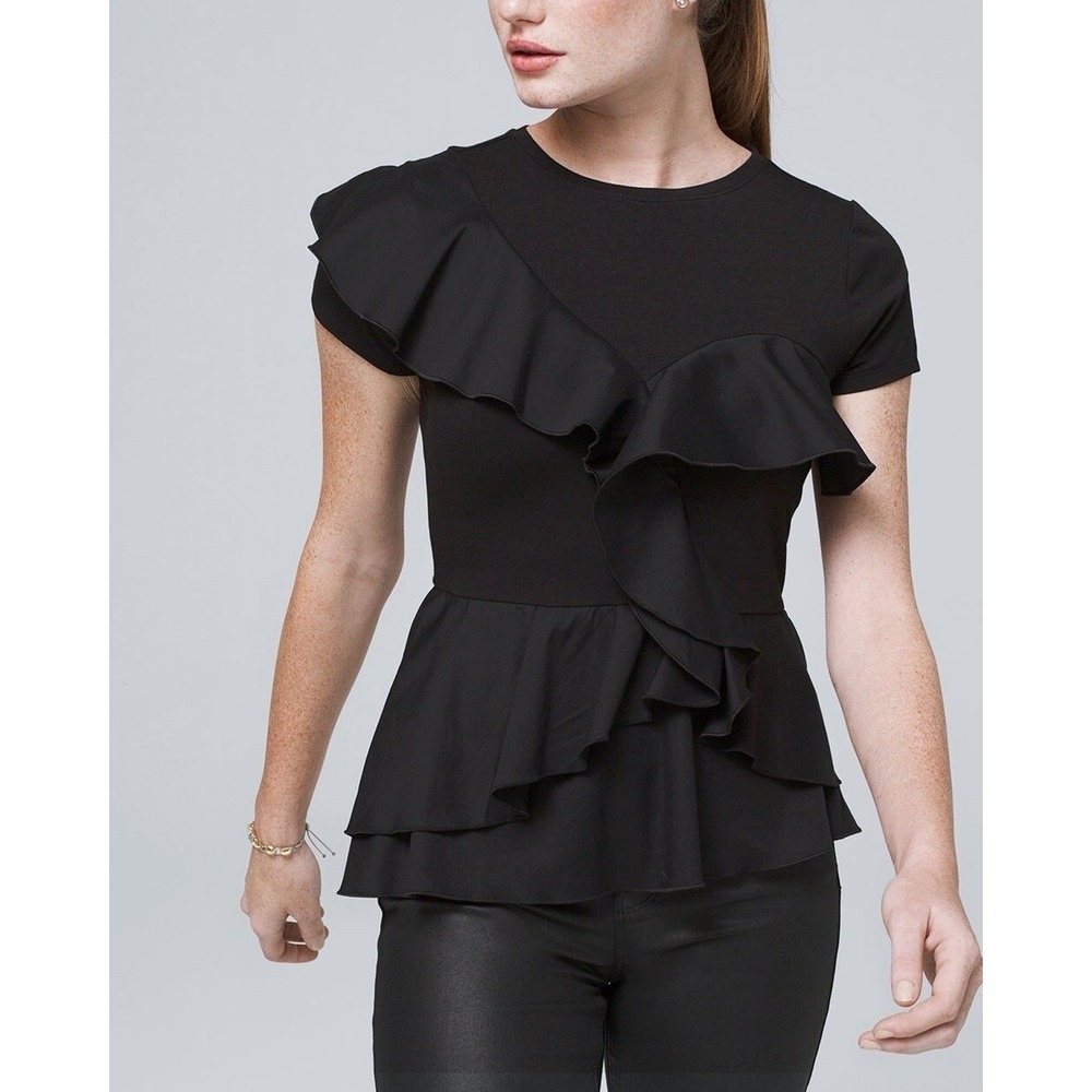 NWT White House Black Market Black Ruffled Short Sleeve Top Size L